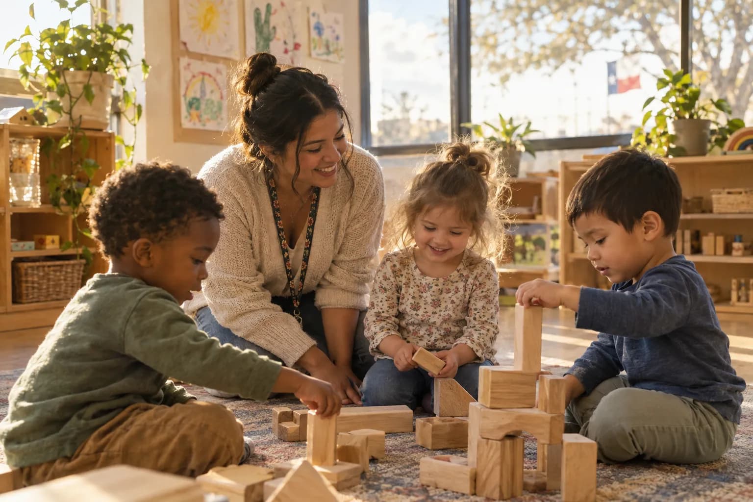 A teacher on the floor building a block tower with three young children