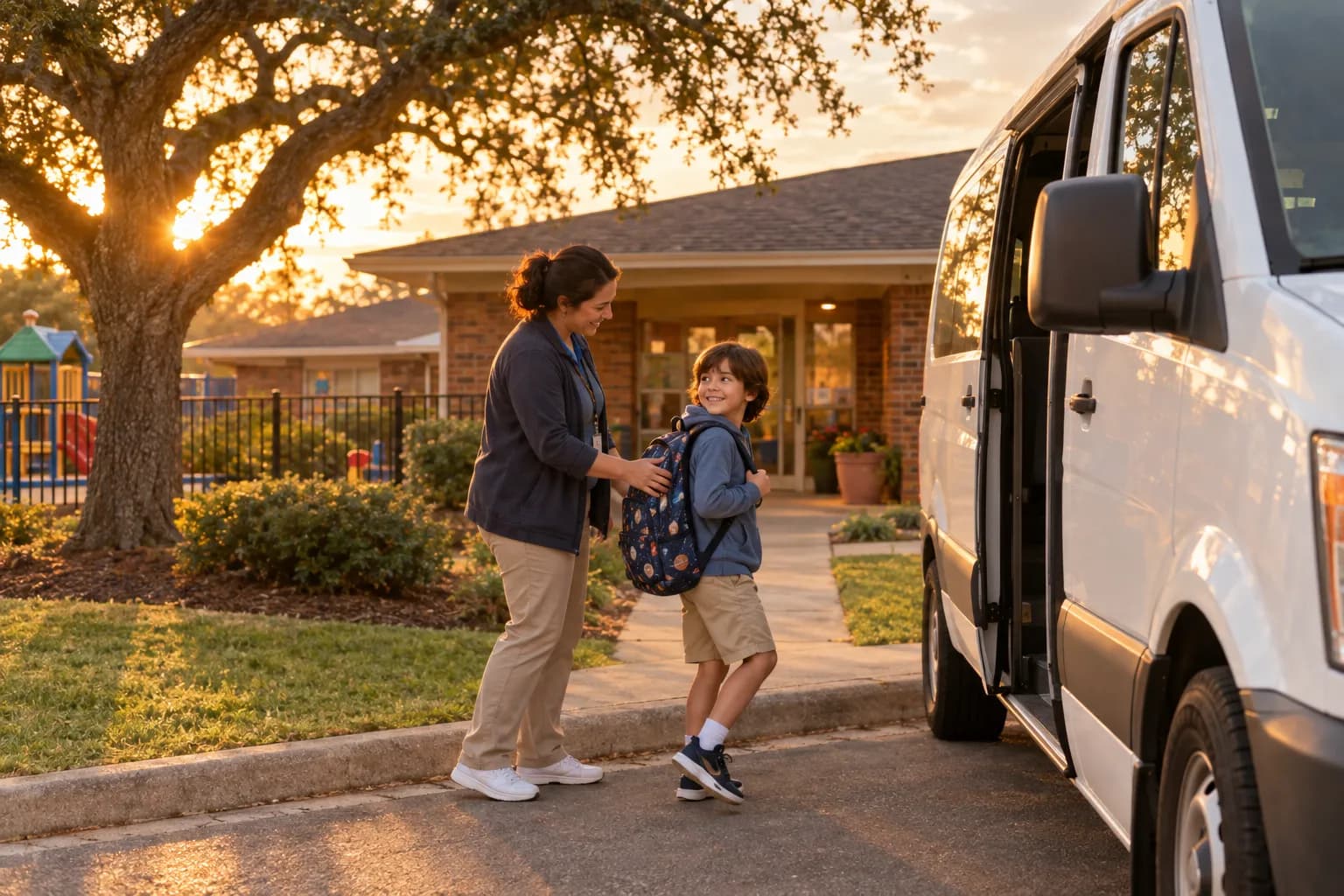 A staff member helping a child with a backpack into a white van outside a school